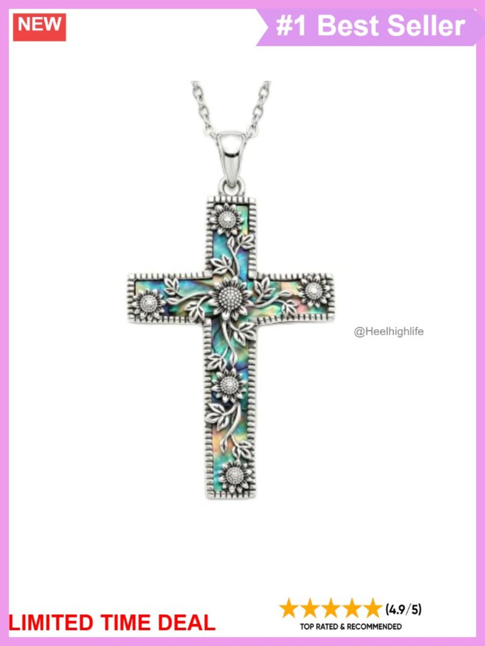 925 Sterling Silver Abalone Shell Sunflower Cross Pendant Necklace